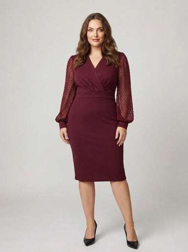 Vestido midi bordó y negro bodycon manga larga