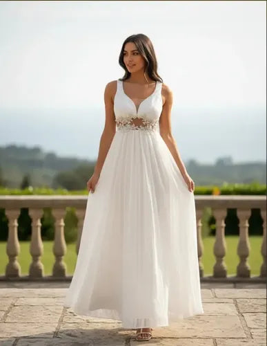 Vestido Blanco Novia Civil Largo Transparencia Nc 08