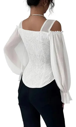 Blusa Top Mujer Hombros Descubiertos Mangas Bb 63 Blanco M