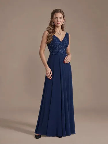 Vestido largo azul gasa escote V corte princesa