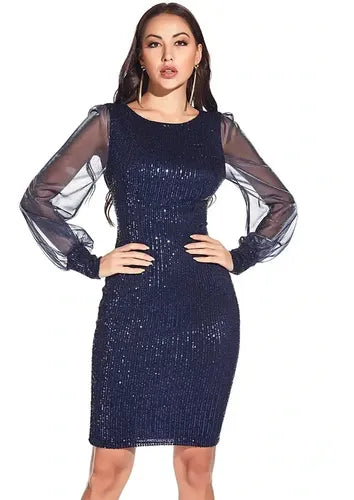 Vestido Fiesta Lentejuelas Azul Manga Larga Vl 30