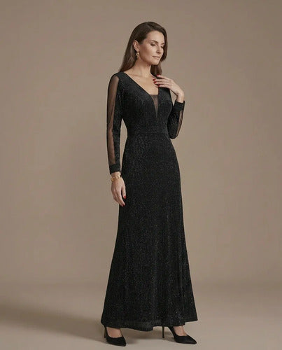 Vestido largo negro de fiesta con mangas largas