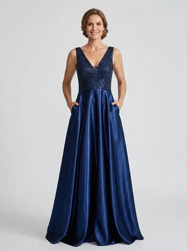 Vestido largo lentejuelas azul escote V satén