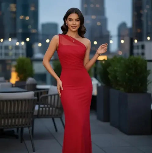 Vestido largo rojo mesh asimétrico ajustado M