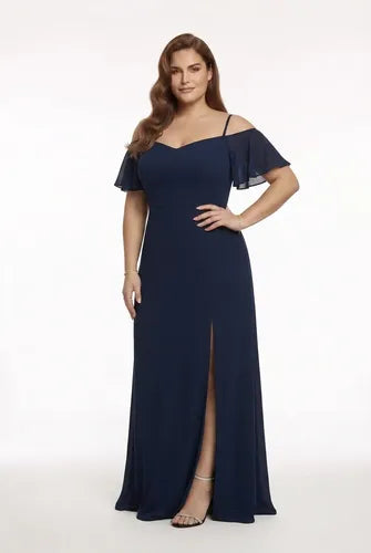 Vestido largo de fiesta talla grande hombros descubiertos