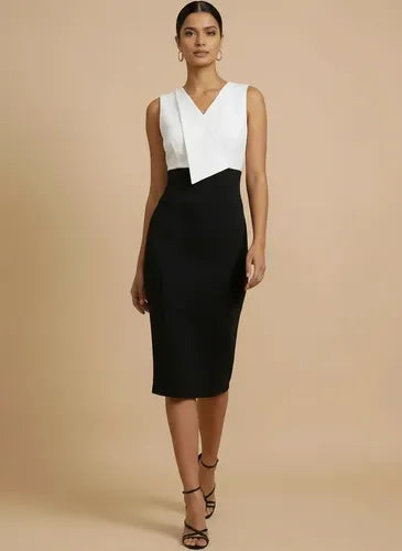 Vestido midi multicolor corte tubo sin mangas escote V