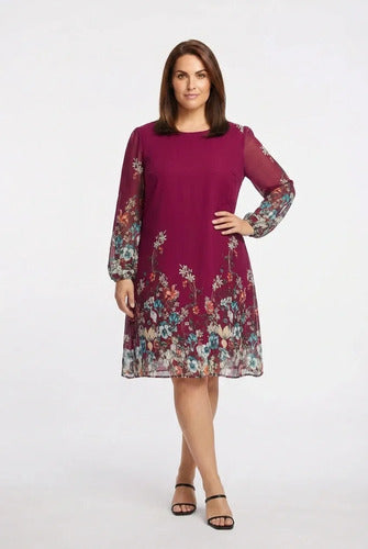 Vestido corto burdeo gasa talla grande manga larga
