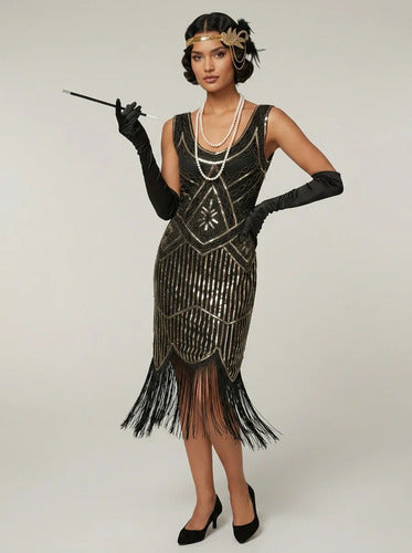 Vestido midi charlestón años 20 Gatsby con flecos