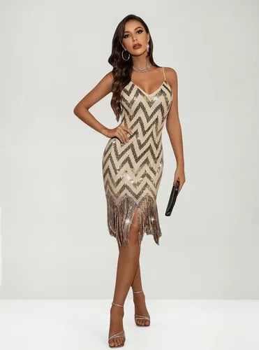 Vestido Fiesta Lentejuelas Con Flecos Vl 71