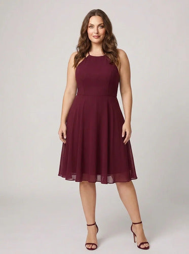 Vestido corto azul y burdeo gasa escote halter