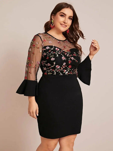 Vestido Negro Ajustado Con Mangas Talla Grande Vg 94