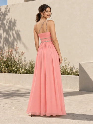 Vestido largo de fiesta gasa rosa escote corazón