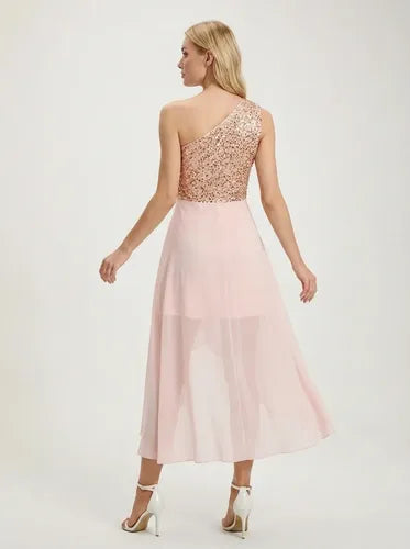 Vestido midi dorado y rosa lentejuelas strapless cóctel