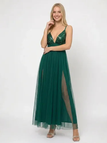 Vestido largo multicolor tul y lentejuelas evasé