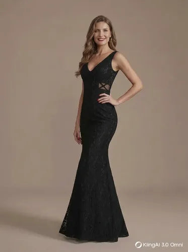Vestido largo negro de encaje corte sirena