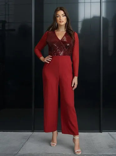 Mono lentejuelas bordó manga larga talla grande gala