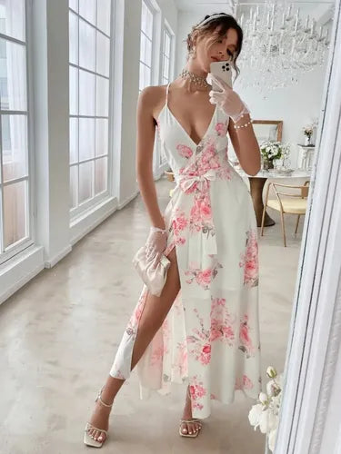 Vestido Gasa Floral Escote Forrado Fiesta Graduación Vd 106 Blanco S