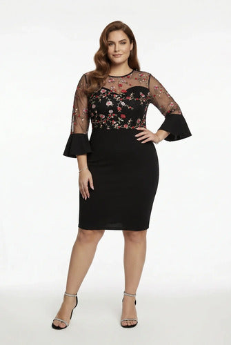 Vestido midi negro manga larga corte tubo talla grande