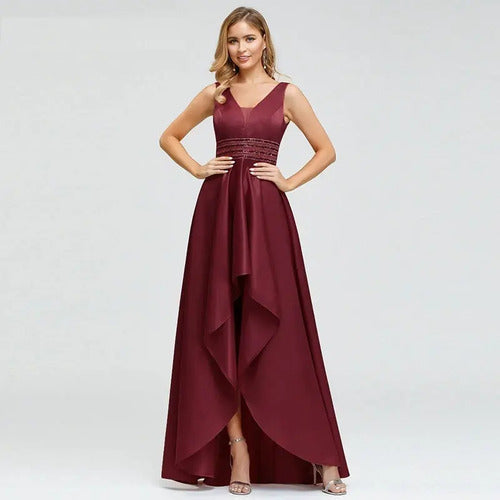 Vestido Fiesta Largo Asimetrico Burdeo Ep 169