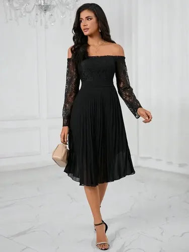 Vestido Hombros Descubiertos Manga Larga Encaje Va 598 Negro S