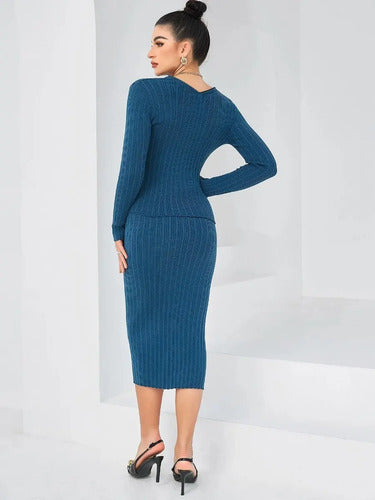 Conjunto 2 Piezas Falda Tejida Canalé Cárdigan  Vt 09 Azul L
