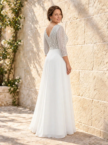 Vestido largo de novia evasé en gasa con escote V