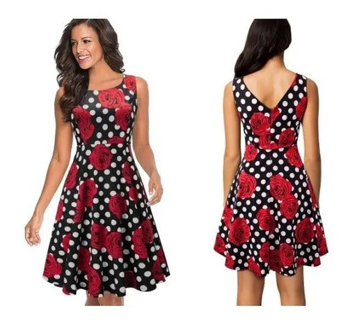 Vestido Vintage Pin Up Negro Flores Rojas Años 50  Va 419