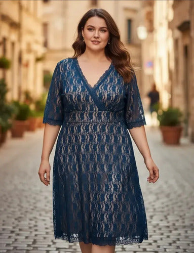 Vestido De Encaje Talla Grande Modelo Azulino 3xl