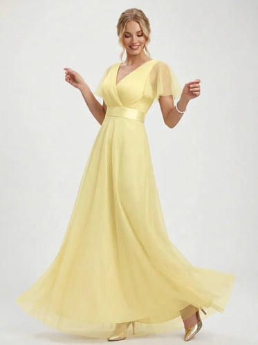 Vestido largo amarillo de tul corte imperio