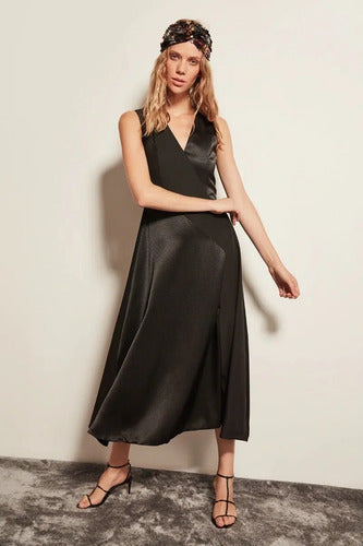 Vestido De Satén Con Abertura Fiesta Td 31 Negro 38