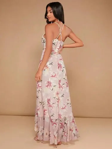 Vestido Forrado Estampado Dama De Honor Cruzado Vd 120 Rosa S