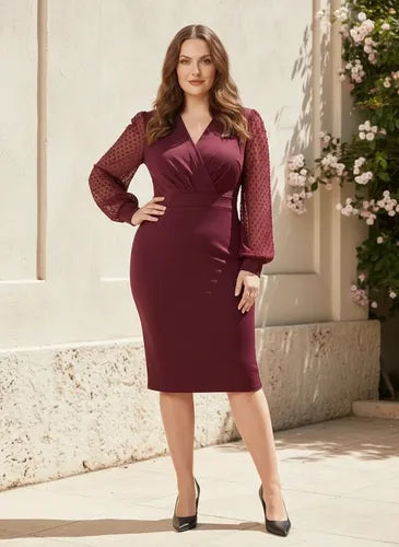 Vestido midi bordó y negro bodycon manga larga