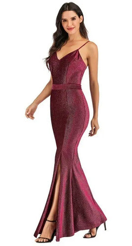Vestidos Fiesta Largo Bodycon Sin Espalda Brillo Tajo Va 408