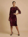 Vestido midi rojo lentejuela tubo manga 3/4