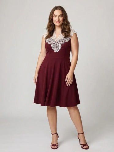 Vestido corto burdeo y violeta evasé cuello alto fiesta