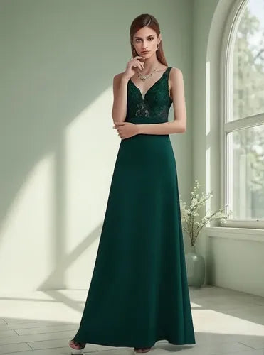 Vestido largo verde hombros descubiertos evasé