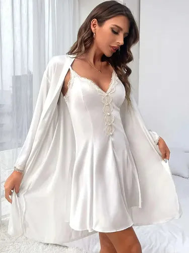 Camisón Y Bata Satín Lencería Set De Pijama Babydolls Pj 05