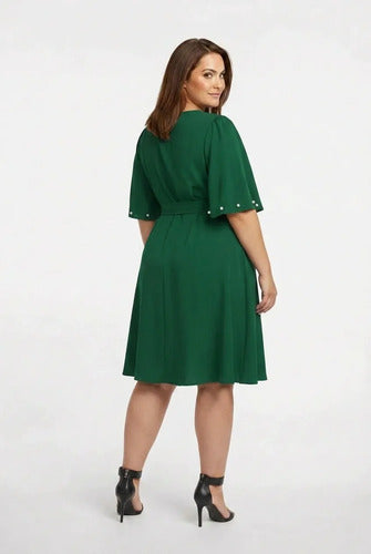 Vestido corto multicolor gasa con perlas evasé talla grande
