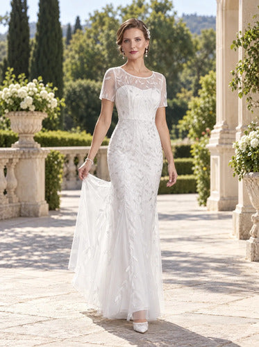 Vestido de novia sirena lentejuelas manga corta