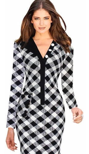 Vestido  Blanco Con Negro Manga Larga Va 150a Blanco L