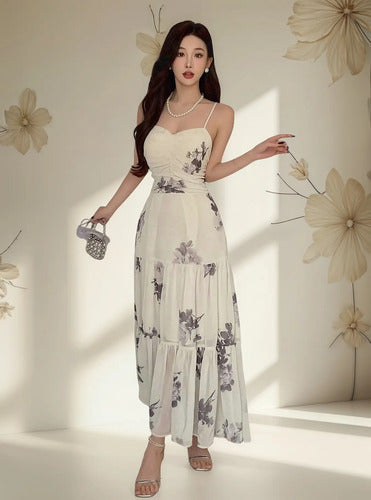 Vestido Mujer Elegante Gasa Forrado  Va 623 Blanco S