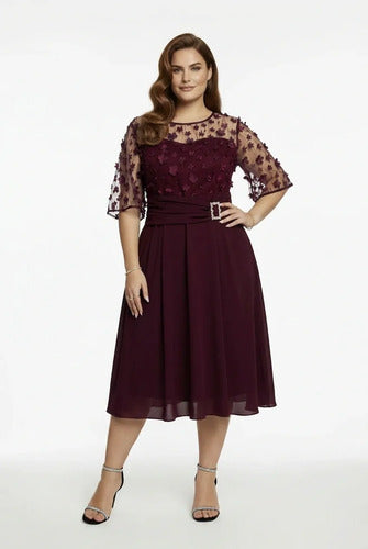 Vestido midi burdeo manga 3/4 cuello redondo talla grande