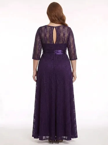 Vestido largo violeta de encaje manga larga