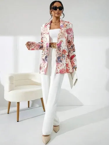 Blazer Forrado Estampado Floral Cuello Esmoquin Botones Bb 19 Rosa M