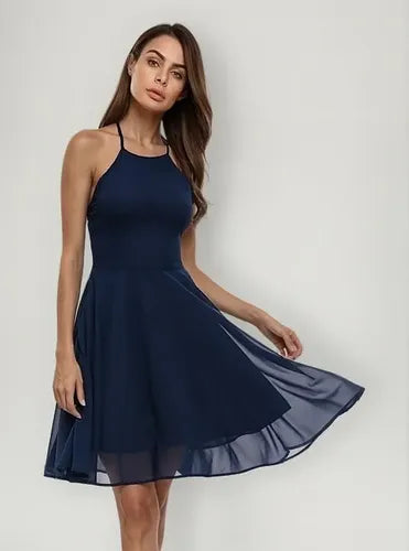 Vestido Corto Gasa Azul Y Burdeo Va 324