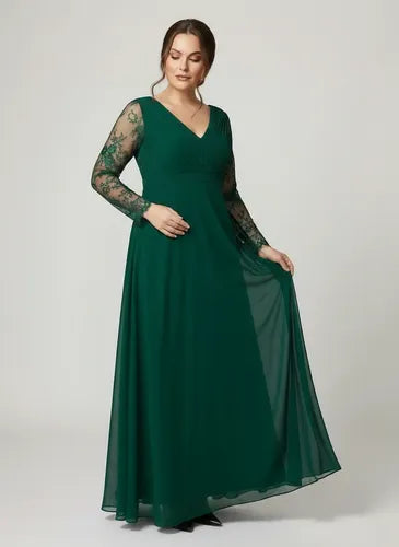 Vestido largo de fiesta evasé en gasa con manga larga
