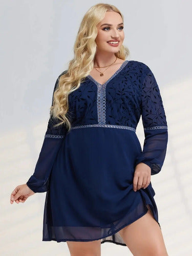 Vestido Fiesta Talla Grande Gasa Bordado Manga Vg 148