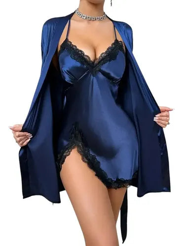 Camisón Y Bata Satín Lencería Set De Pijama Babydolls Pj 14 Azul M