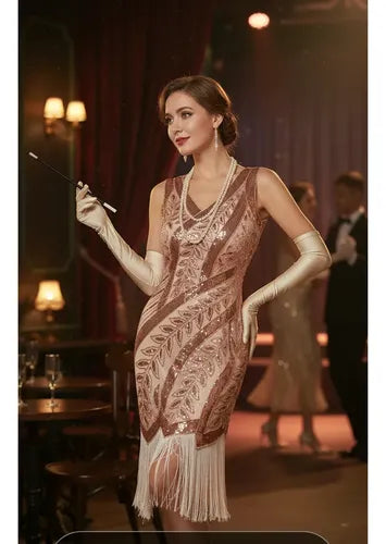 Vestido De Baile Retro Gatsby, Años 20 Charleston  Va 638 Rosa Dorado Xl