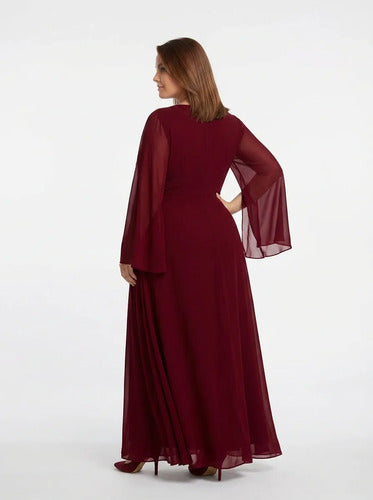 Vestido largo de fiesta en gasa azul y bordó